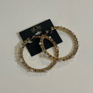 nOir Jewelry. Pierced Hoop Earrings. Gold, Pearl, and Crystal. New Without Tags.